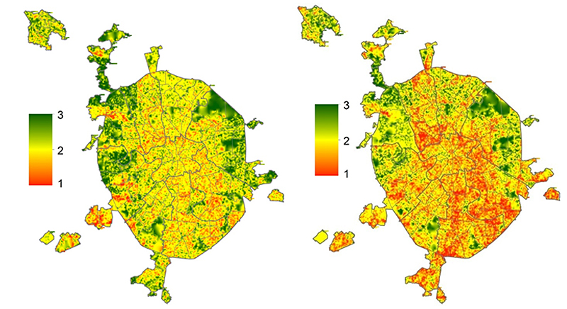 Continuous distribution of vegetation (GRID) with unsatisfactory (1), medium (2) and good (3) status in the territory of Moscow (to the left - trees and shrubs vegetation, to the right &ndash; grass vegetation)
