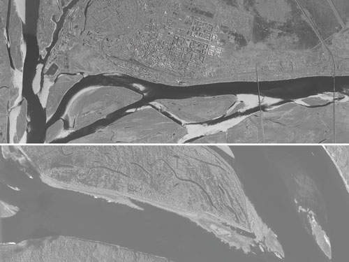 Images of Northern Dvina (top) and Yenisei (bottom) rivers acquired for mapping of inland waterways